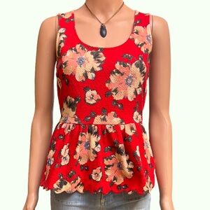 9-H15 STCL Anthropologie Red Floral Sleeveless Peplum Top XS